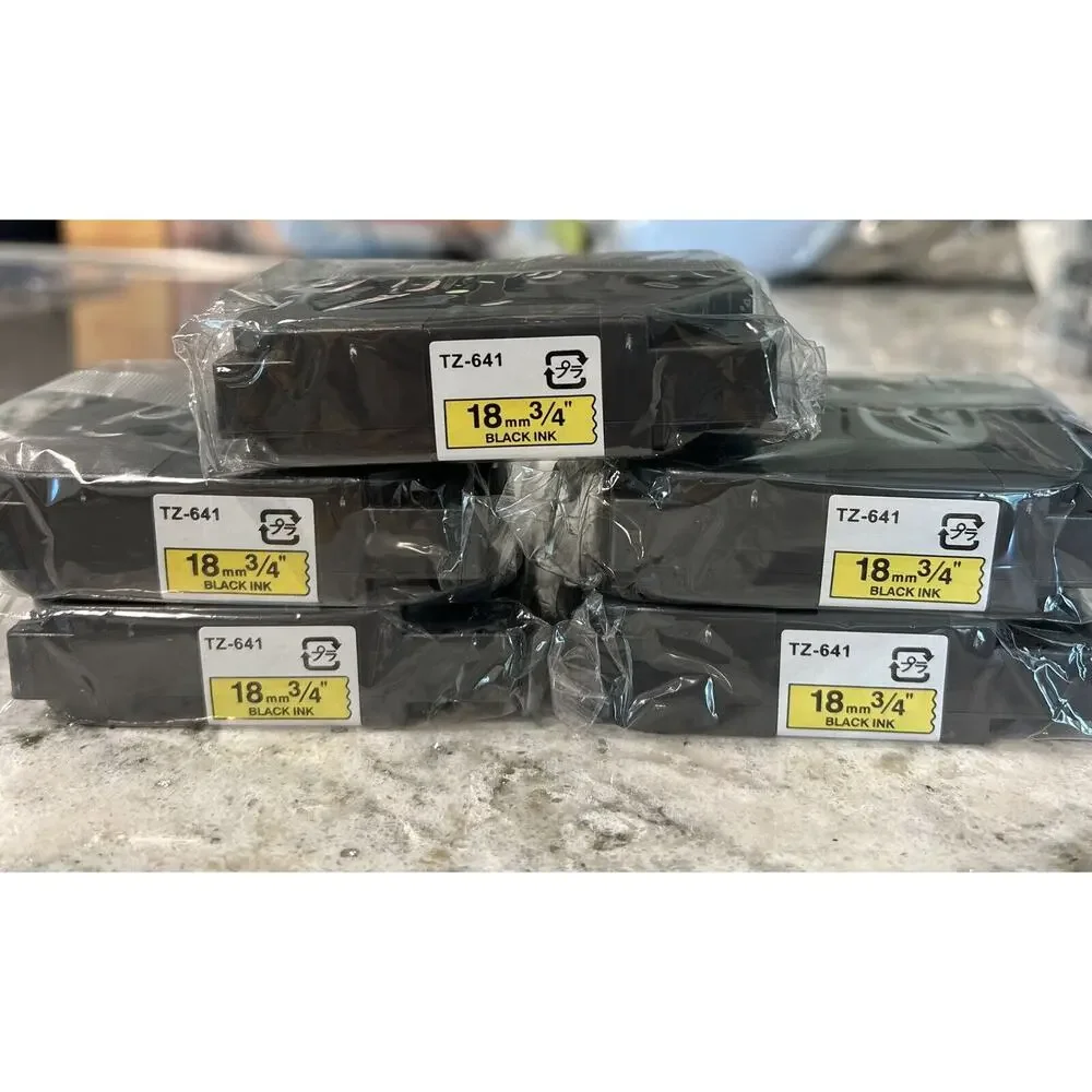 Lot Of 5 Brother P-Touch Tape Cassette TZ-641‎ Black Print on Yellow 3/4”, 18mm
